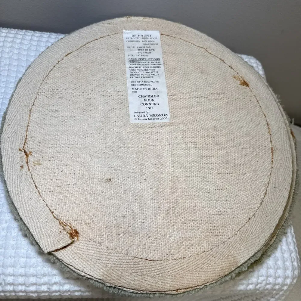 Chandler Four Corners Tree of Life Wool Hooked Chair Pads Set of 2 14” Round Vtg